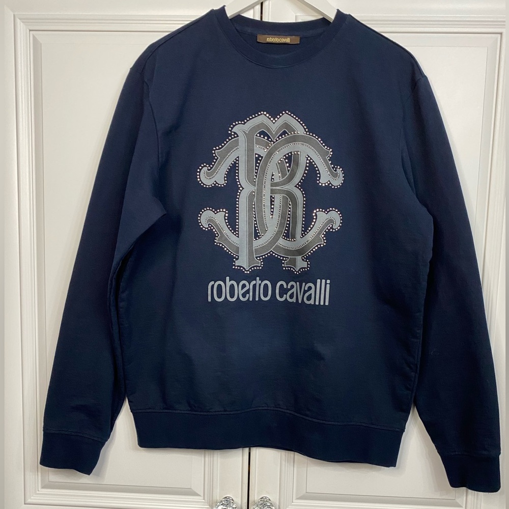 EUC Roberto Cavalli Men's Sz Medium Luxury Studded Logo Navy Cotton Sweatshirt